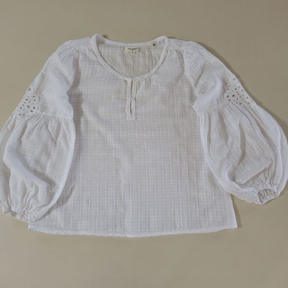 Max Studio Women's White Top with Lace Insert Balloon Sleeves - Picture 1 of 15